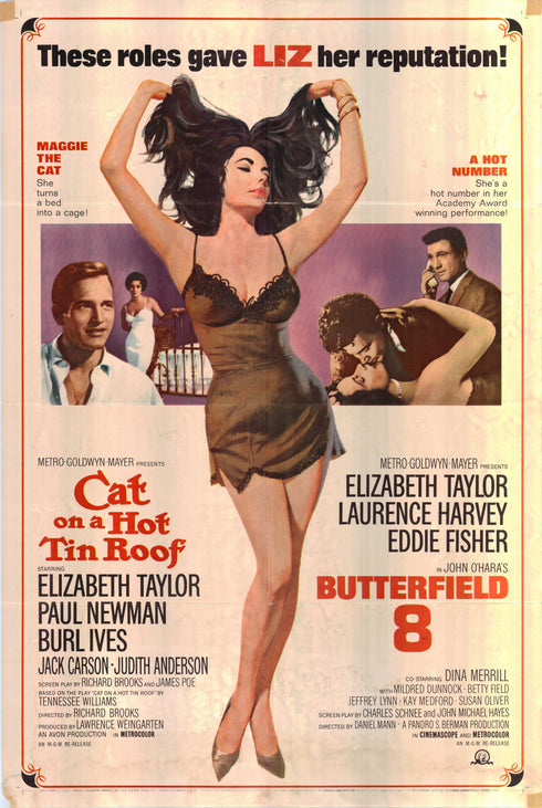 Cat on a Hot Tin Roof, Butterfield 8 double feature 1966R one sheet poster folded