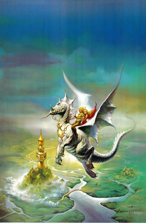 sky riders ken kelly 1990R warrior on dragon flying over castle